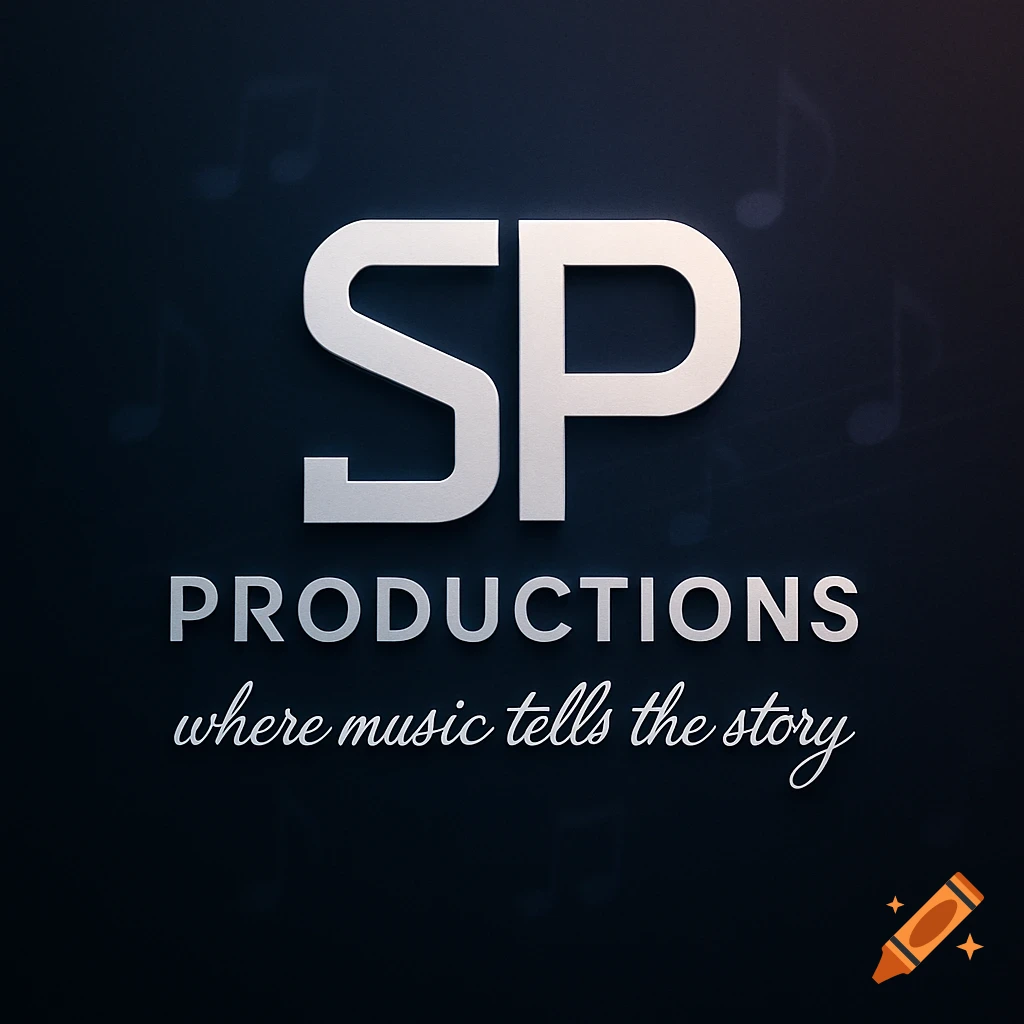 A metallic 3D logo for SP PRODUCTIONS with slogan 'where music tells the story' on a dark background with musical notes.