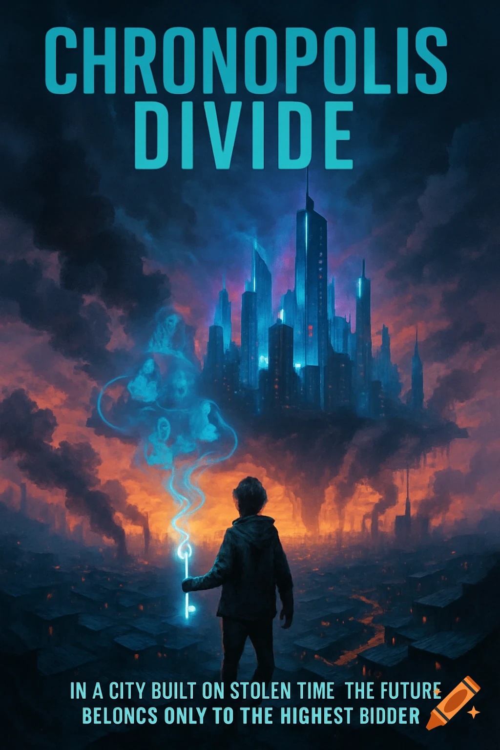 A movie poster for 'Chronopolis Divide' showing a person holding a glowing key in a futuristic city engulfed in smoke and glowing blue lights.