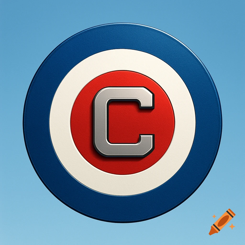 A stylized circular emblem with a bold silver letter C in the red center, surrounded by a white and blue ring, against a light blue background.