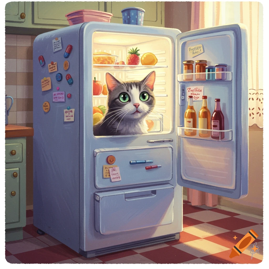 A cute, wide-eyed cat peeks out from the brightly lit inside of an open refrigerator in a stylized kitchen.