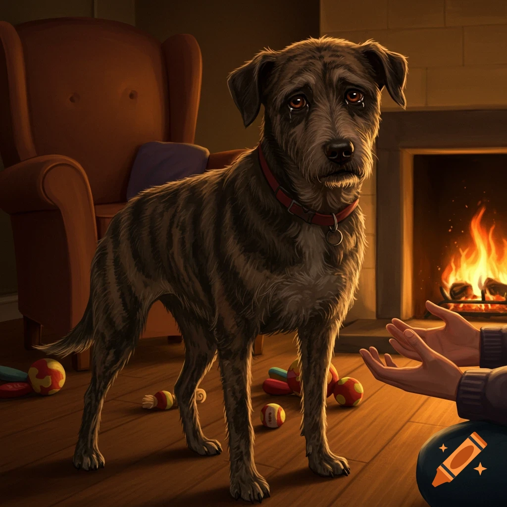 An illustration of a sad, brindle dog with tears in its eyes, looking at outstretched human hands in a cozy living room with a fireplace.