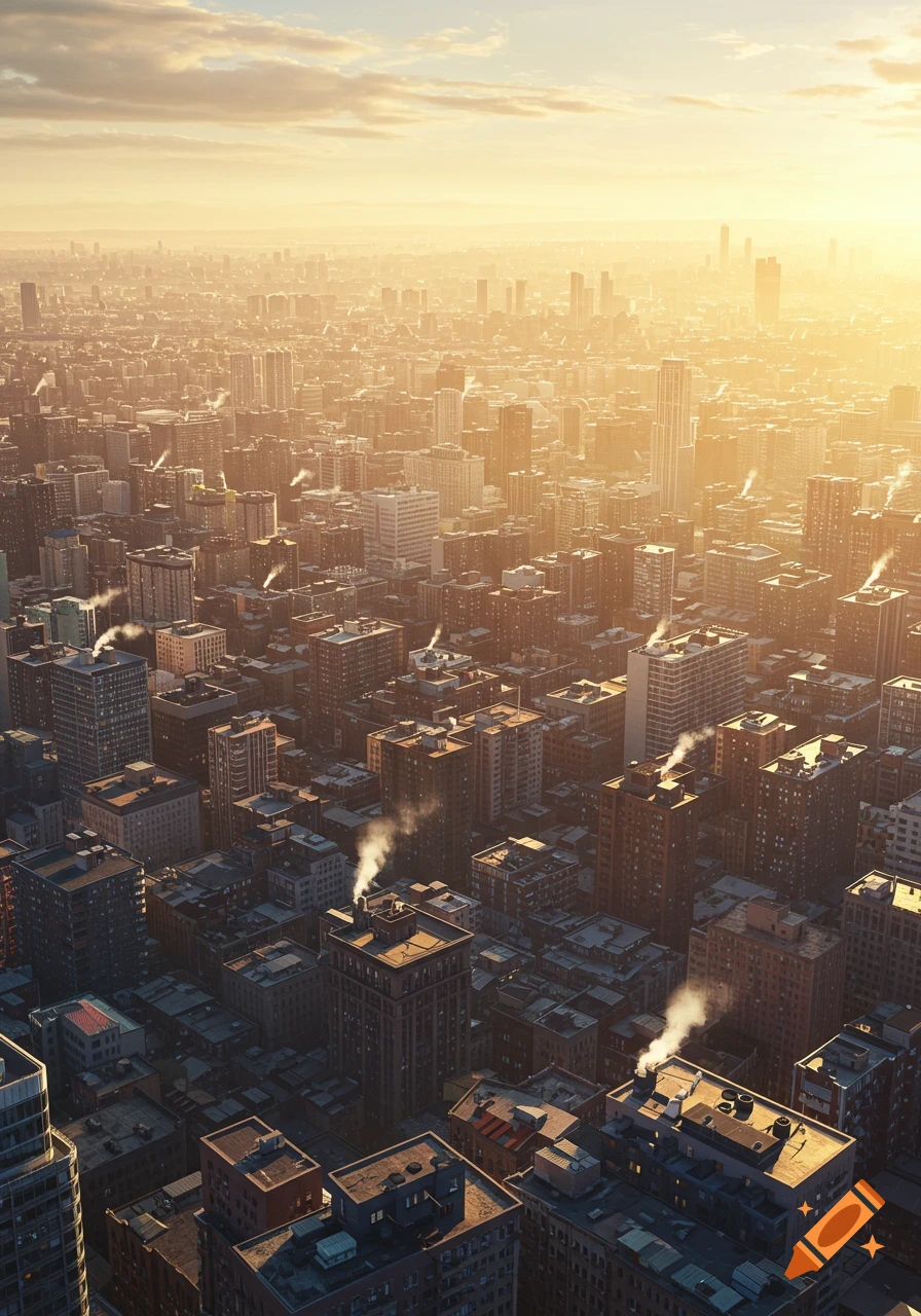 Aerial view of a dense city at golden hour, with buildings stretching into the hazy distance and plumes of smoke rising from rooftops.