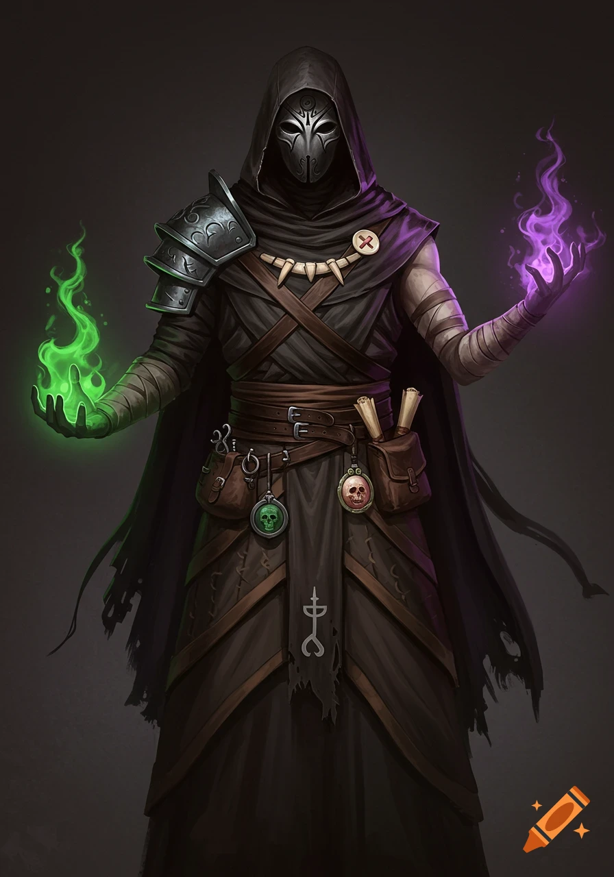 A masked, hooded figure in dark robes and armor conjures green flame from one hand and purple energy from the other, with mystical pouches and relics on their belt, in a dark fantasy art style.