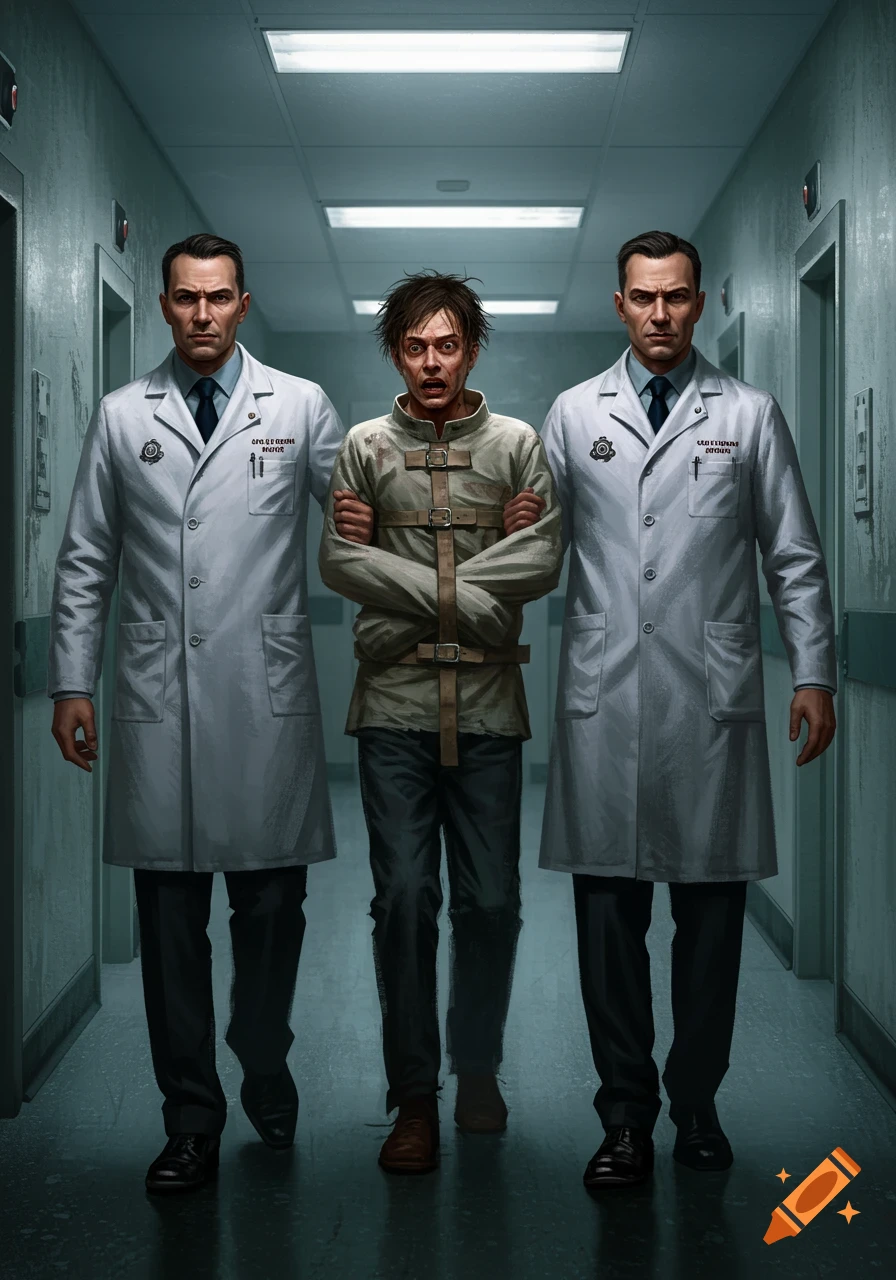 Two stern men in white coats escort a terrified man in a straitjacket down a dimly lit institutional hallway, in a photorealistic style.