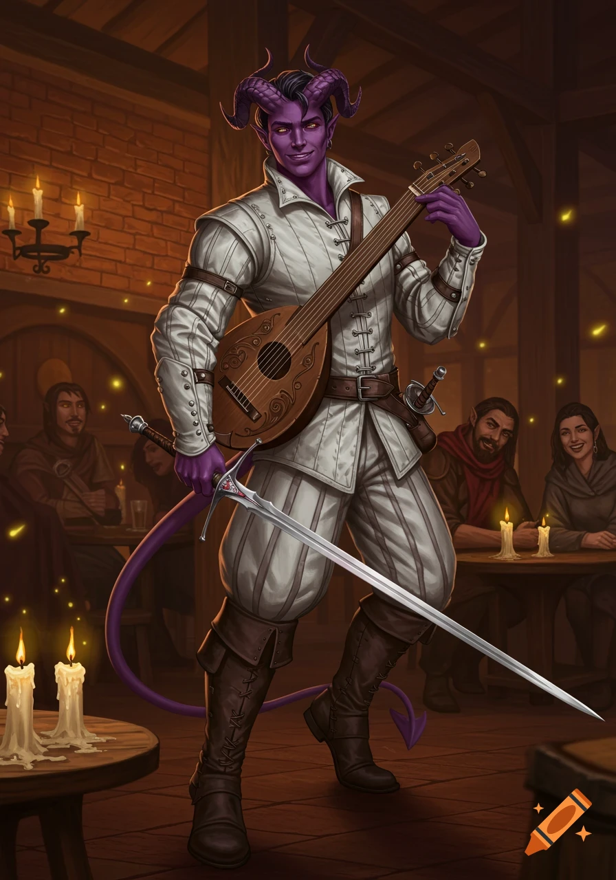 A purple-skinned male tiefling bard with horns and a tail, dressed in white, plays a lute and holds a sword in a warmly lit tavern.