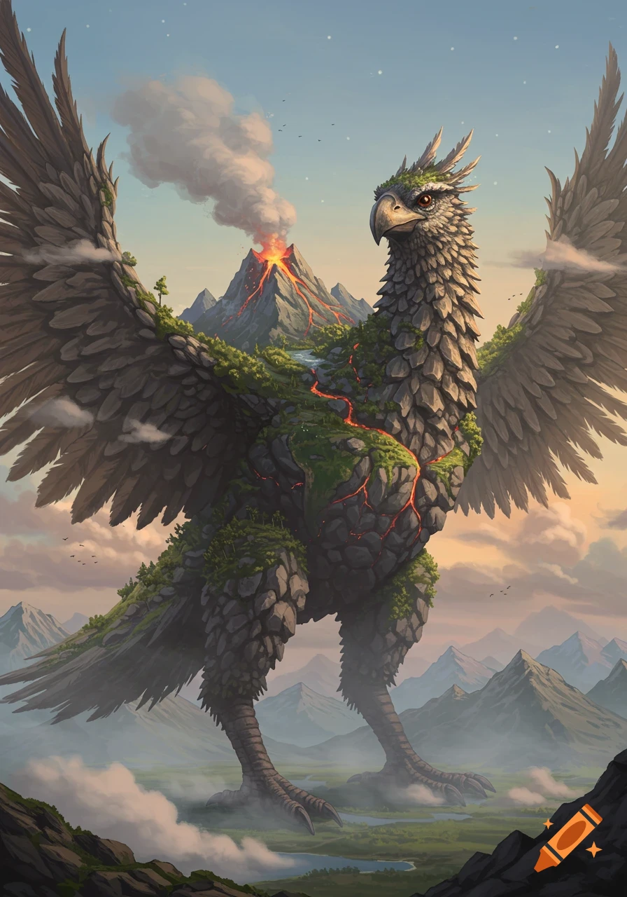 A colossal anthro bird creature of rock, mountains, and foliage stands in a cloudy range, with an erupting volcano on its back.