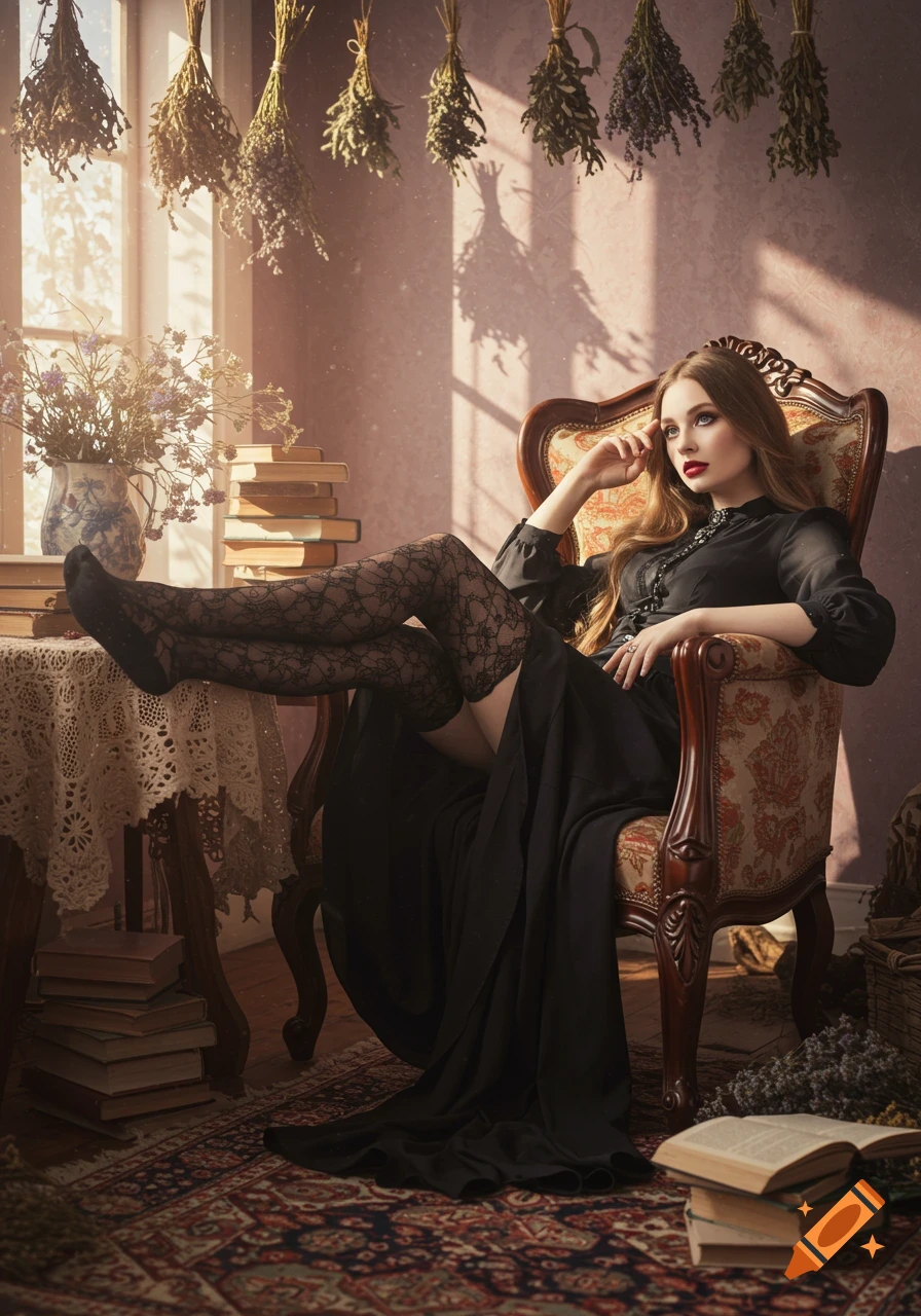 Photorealistic portrait of a gothic woman in a black dress, sitting in an ornate chair amidst dried herbs and books, bathed in warm sunlight.