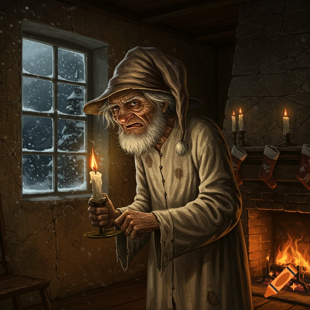 Grumpy, old man in a nightcap holding a candle in a dimly lit room with a snowy window and fireplace, digital illustration.