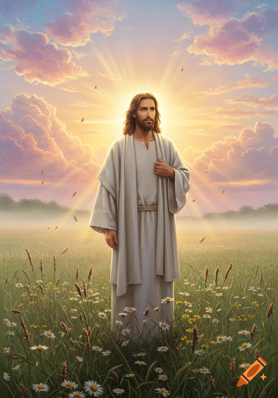 Jesus stands in a field of wildflowers under a glowing sunset sky with radiant light, wearing a white robe.