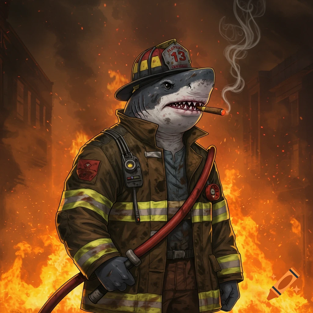 A cartoon anthropomorphic shark firefighter, wearing a helmet and gear, smoking a cigar, standing in front of a burning building.