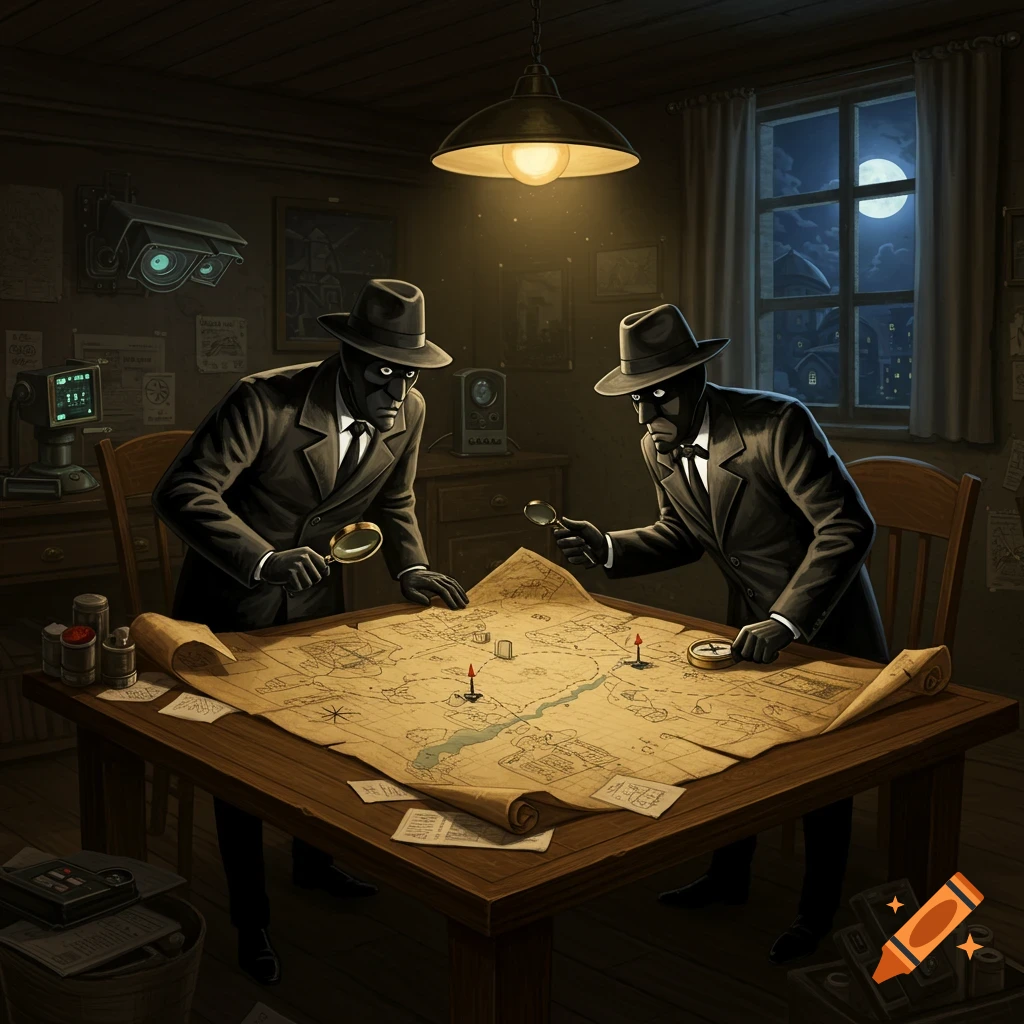 Two figures in black suits and hats, reminiscent of Spy vs. Spy characters, lean over a large map on a wooden table, examining it with magnifying glasses in a dimly lit room with a full moon visible through a window.