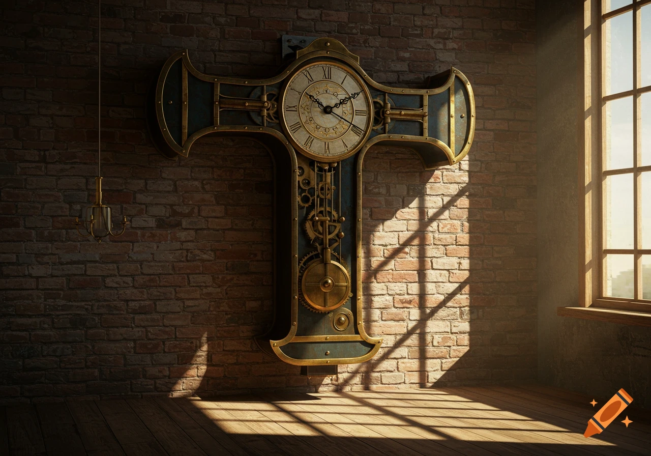 A large, ornate, T-shaped steampunk clock with Roman numerals hangs on a brick wall, bathed in sunlight from a nearby window.