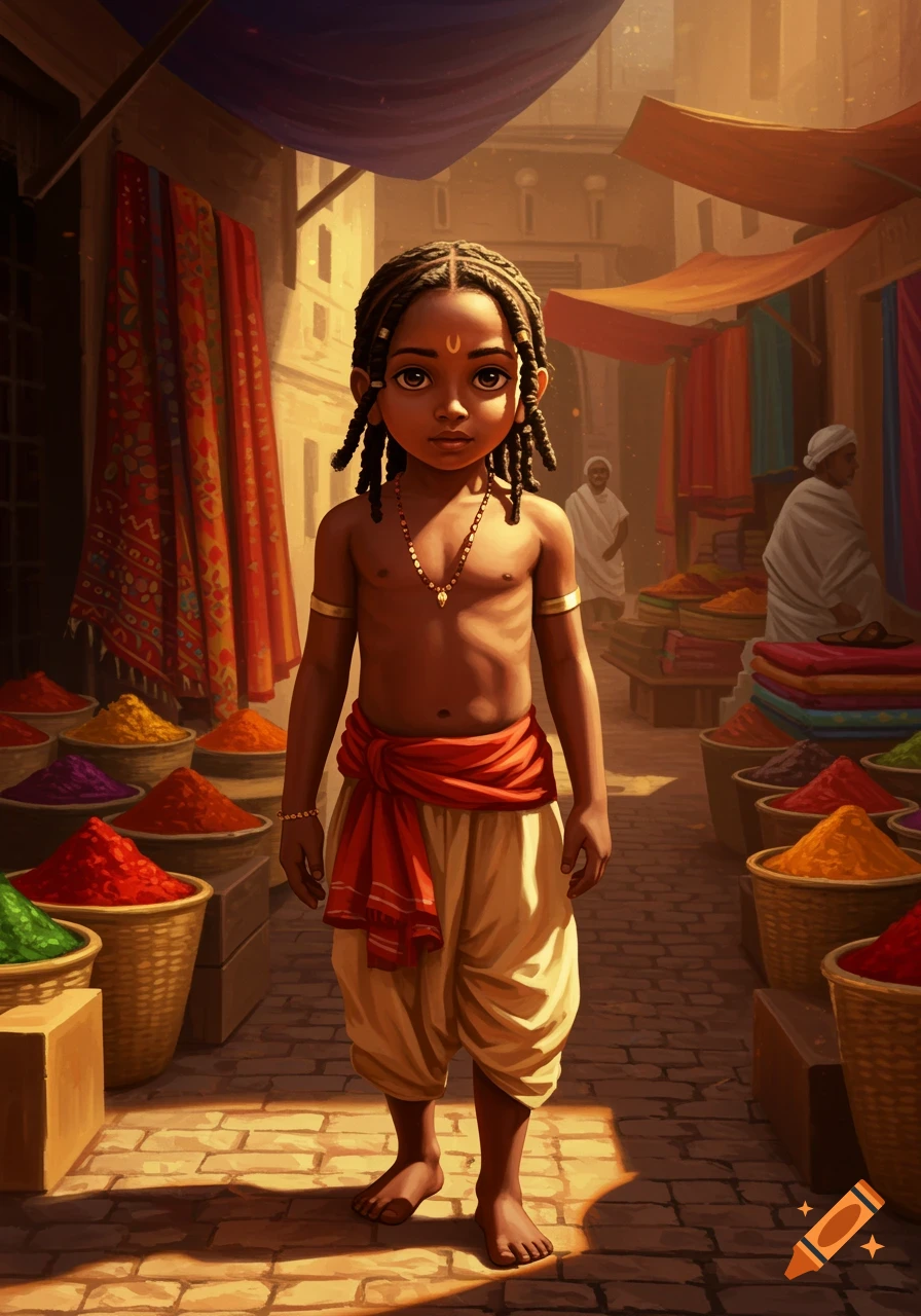 Stylized illustration of a young boy with braids, gold jewelry, and a red dhoti standing in a sunny, colorful Indian market.