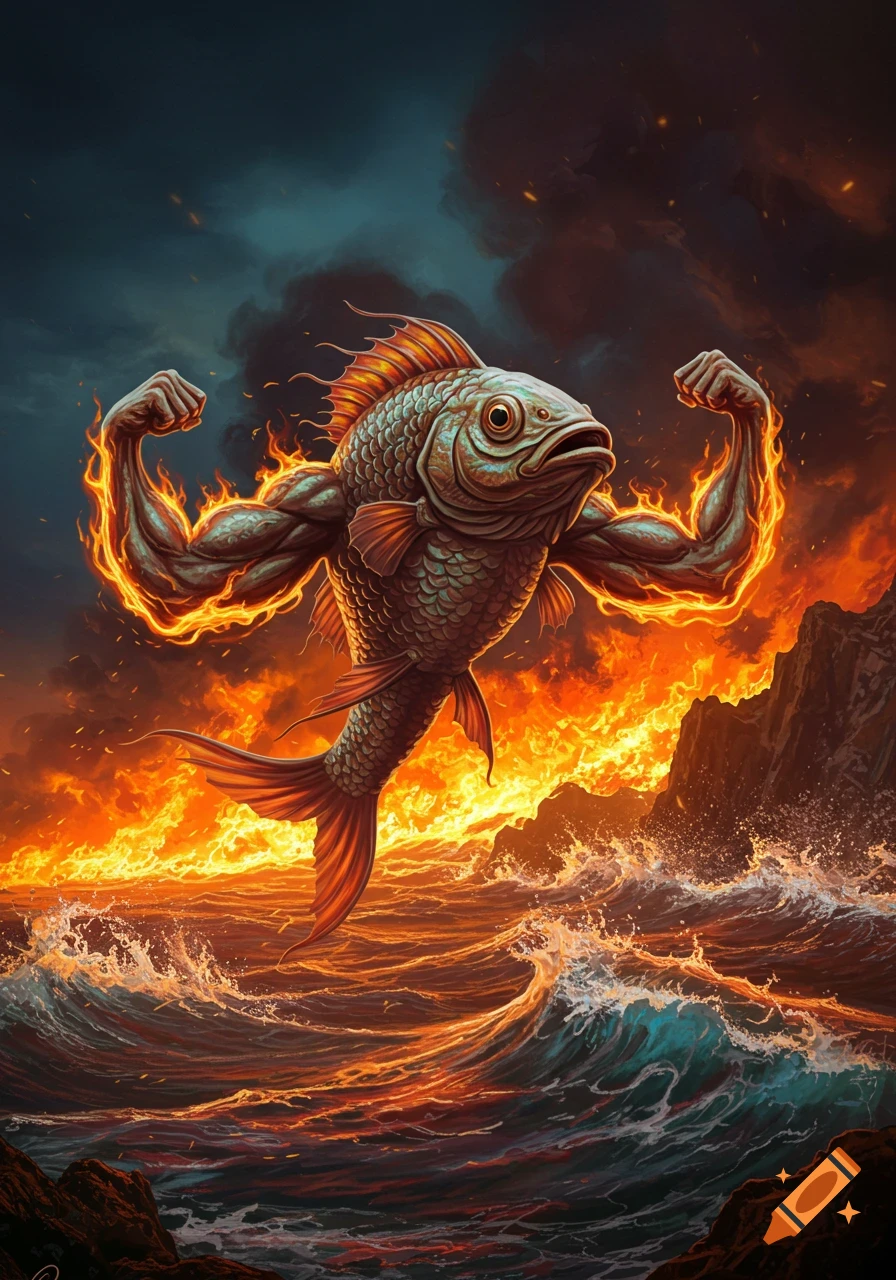 A muscular fish with buff, flaming arms rises powerfully from a stormy ocean ablaze with fire under a dark sky.