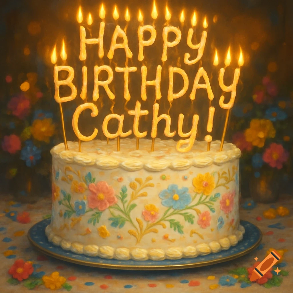 A beautifully decorated birthday cake with lit candles spelling 'Happy Birthday Cathy!' on top, surrounded by flowers and confetti.