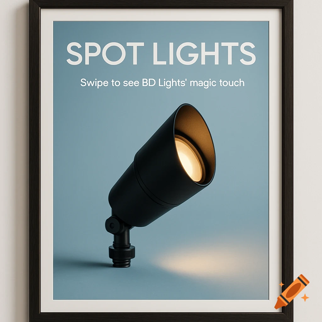A sleek black spotlight illuminates a pastel blue background in a framed minimalist advertisement.