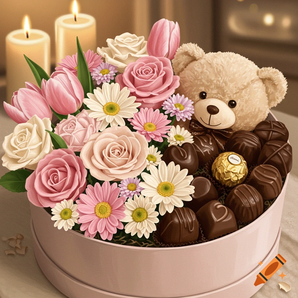 A light pink gift box filled with pink and white flowers, assorted chocolates, and a cream teddy bear, with lit candles in the background.