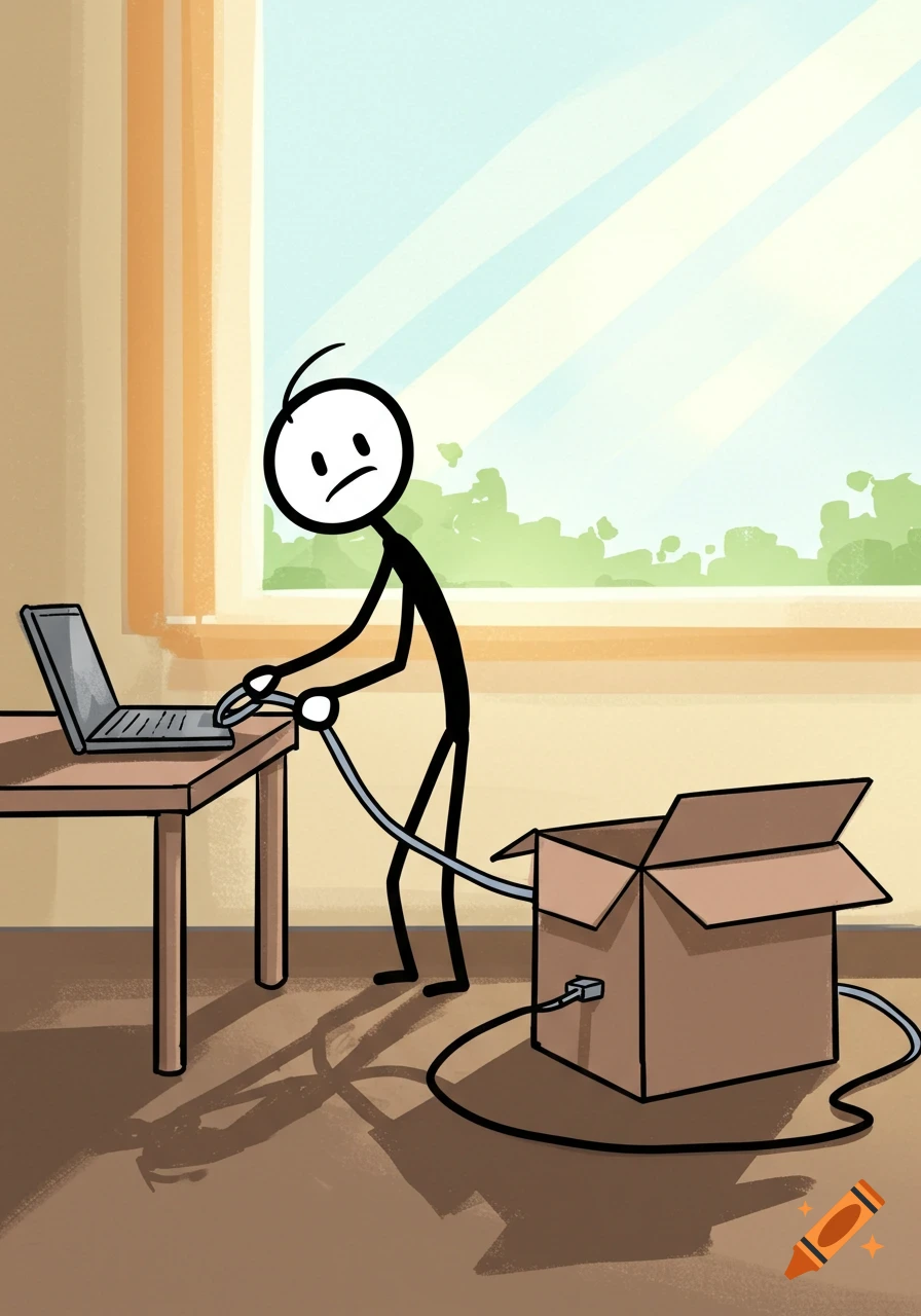 A stick figure looking concerned while plugging a laptop into a cardboard box with cables, in a simple cartoon style.