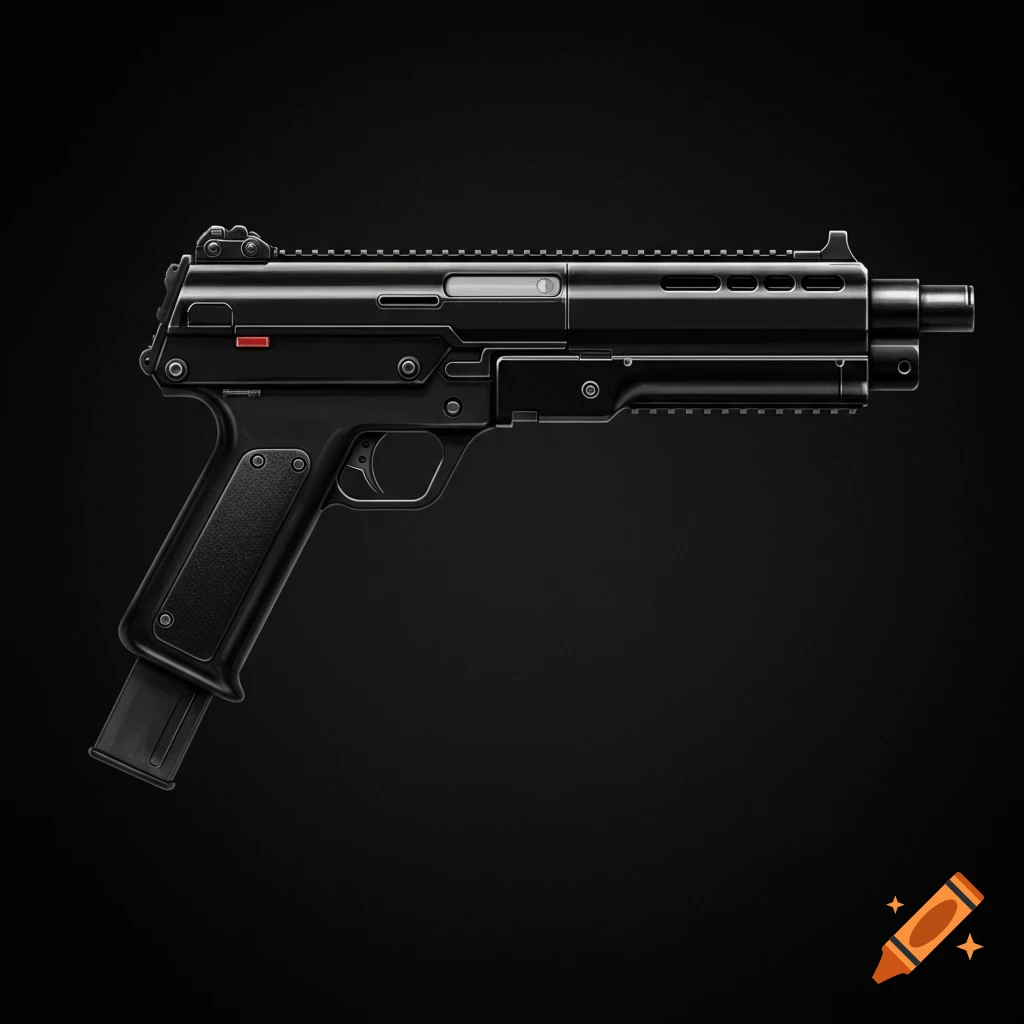 A sleek, jet-black submachine blaster weapon against a black background.