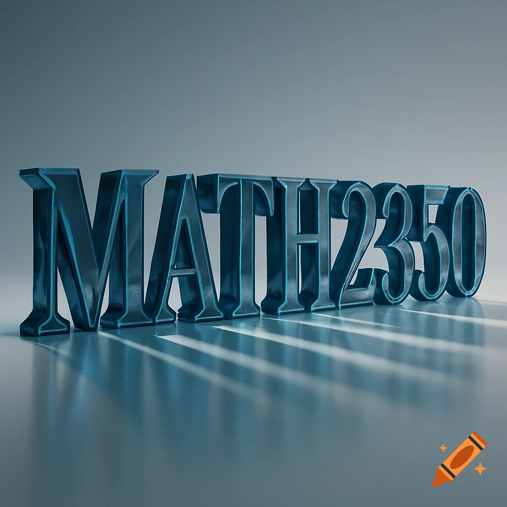 Dark blue 3D text 'MATH2350' standing on a reflective surface with long shadows.