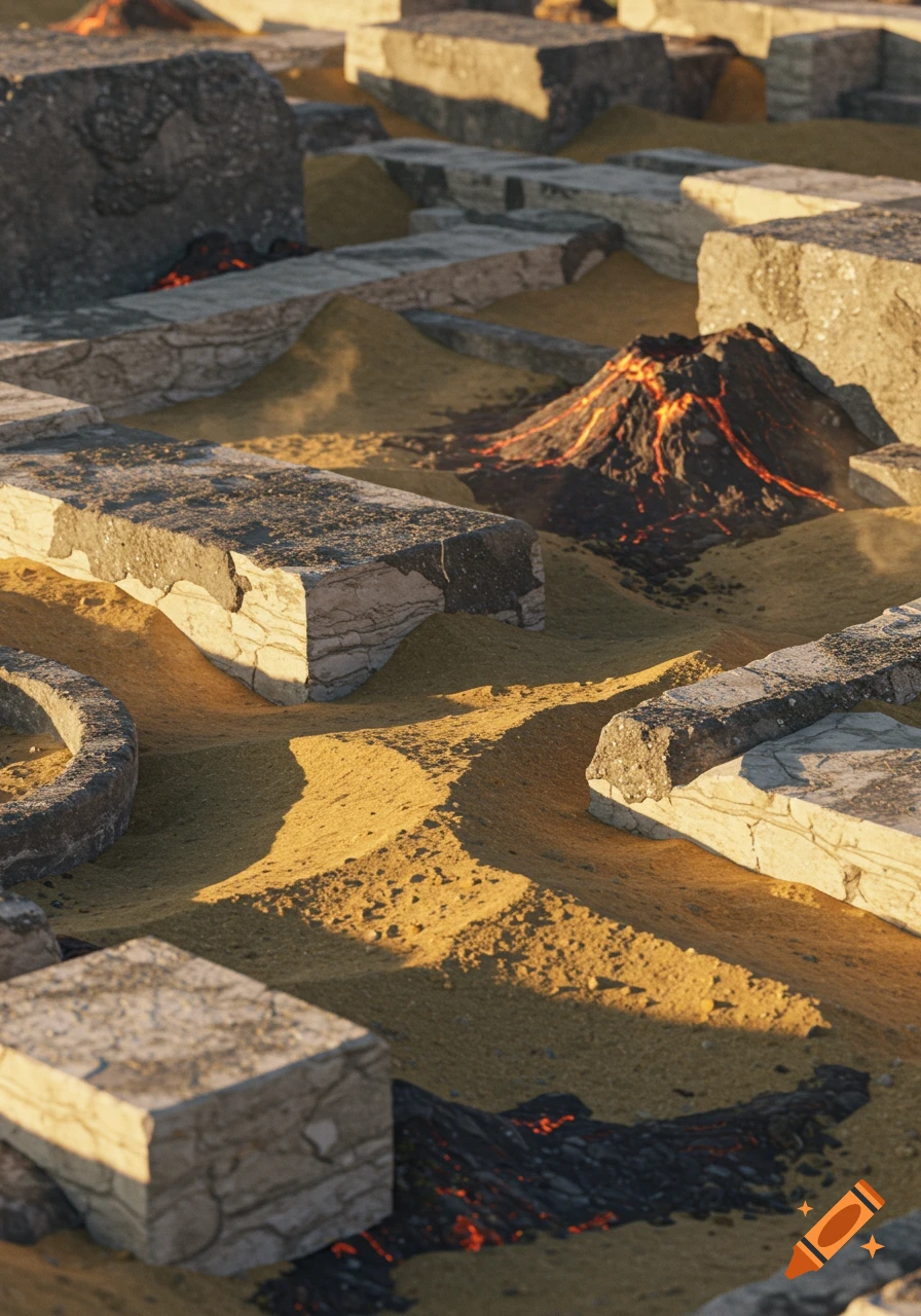 An aerial view of a desert landscape featuring weathered stone blocks, sandy dunes, and small erupting volcanoes with lava flows.