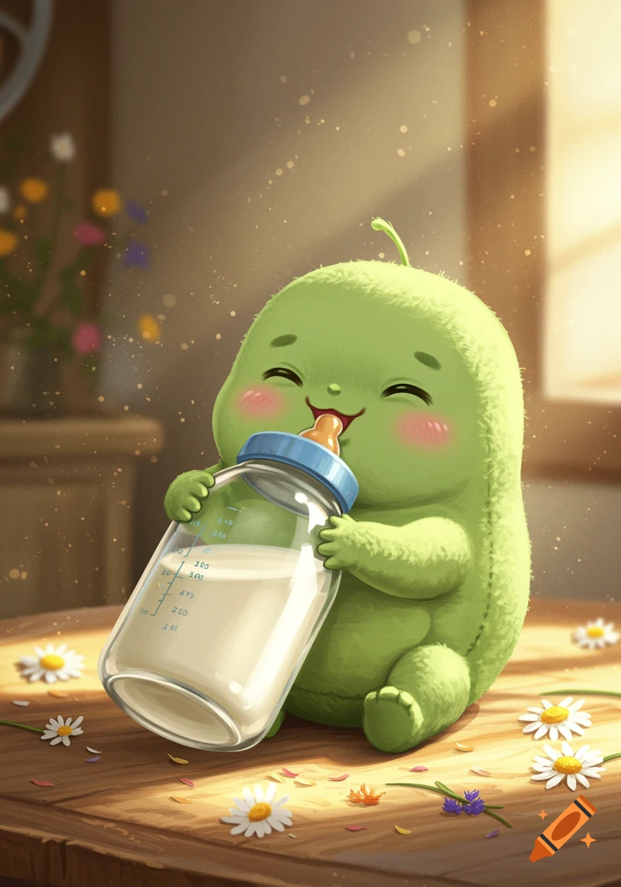 A cute, fluffy green baby creature with rosy cheeks happily drinks milk from a bottle, sitting on a wooden surface with small daisy flowers.