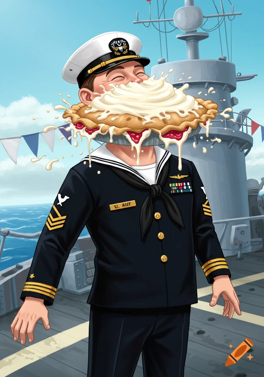 Cartoon US Navy sailor with a pie smashed in his face, cream splattering, on a ship deck under a blue sky.