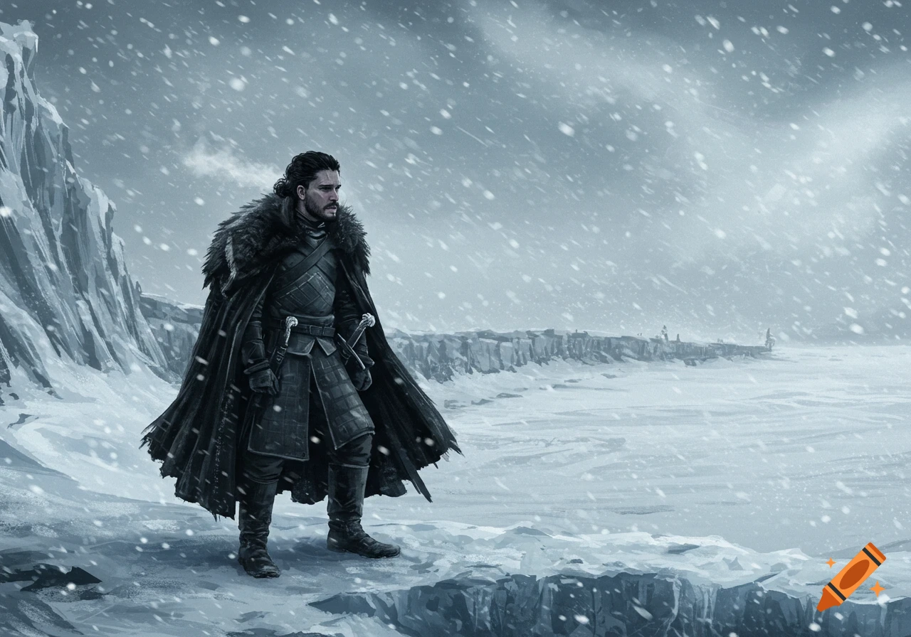 Jon Snow in dark armor and fur cloak stands on a snowy cliff overlooking a winter landscape with falling snow, digital painting.