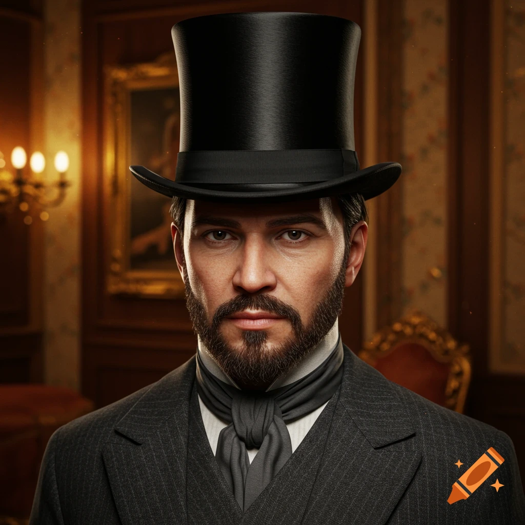 A serious man with a beard and a top hat wears a pinstripe suit and cravat, looking directly at the viewer in a richly decorated room.