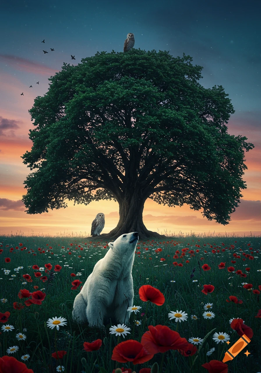 A polar bear sits in a field of red poppies and white daisies, looking up at a large tree with two owls, under a twilight sky.