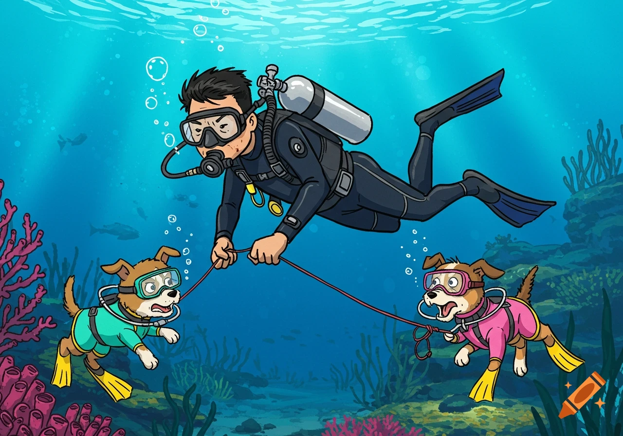 A cartoon Asian man in scuba gear looks stressed while pulling two small dogs in teal and pink scuba gear on leashes underwater.