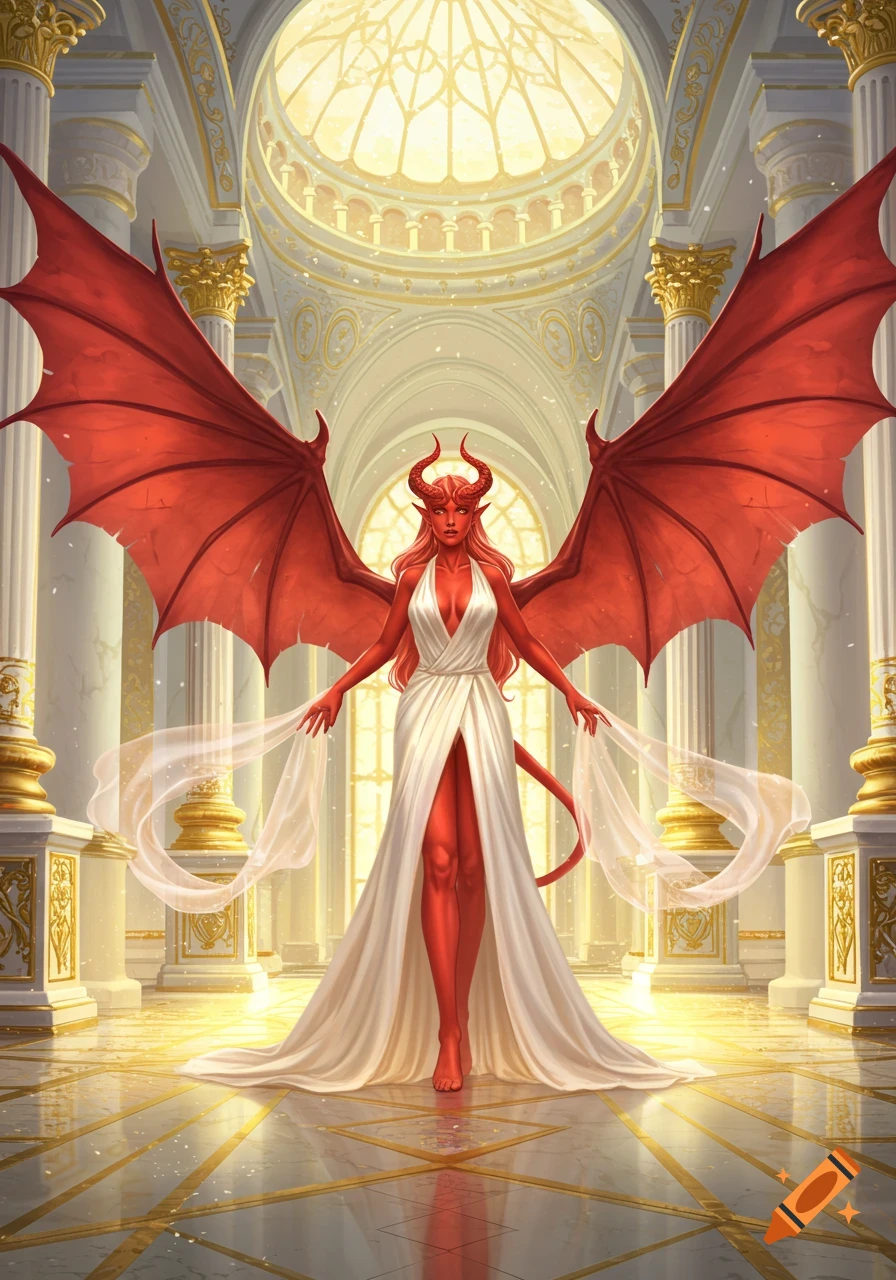 A light-red-skinned devil woman with large red bat wings and horns, wearing a white dress, stands in a opulent white and gold royal hall.