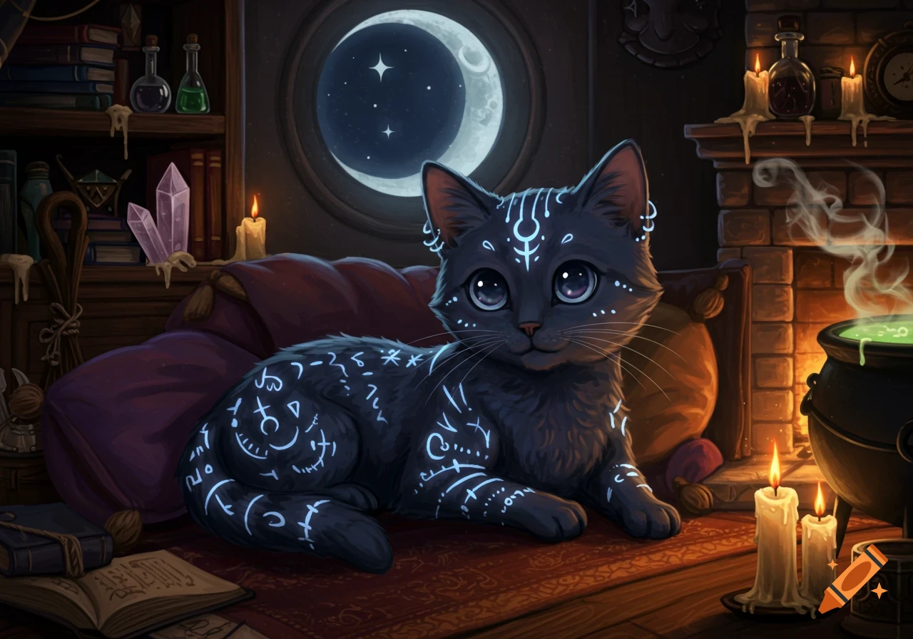 A cute black cat with glowing mystical symbols on its fur, in a cozy witch-themed room with candles, books, and a cauldron.
