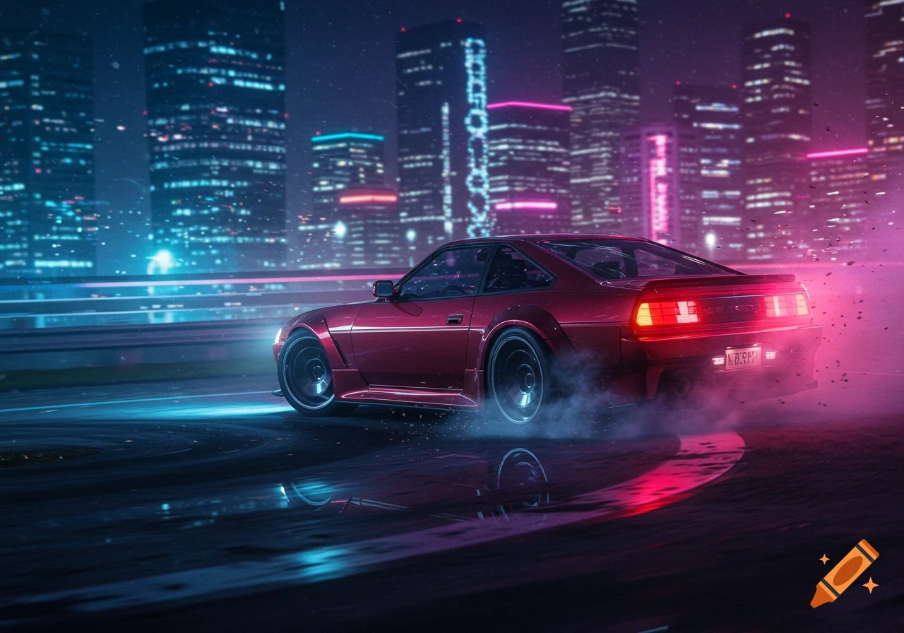 Red sports car drifting in a neon-lit cyberpunk city at night, with glowing reflections on the wet street.