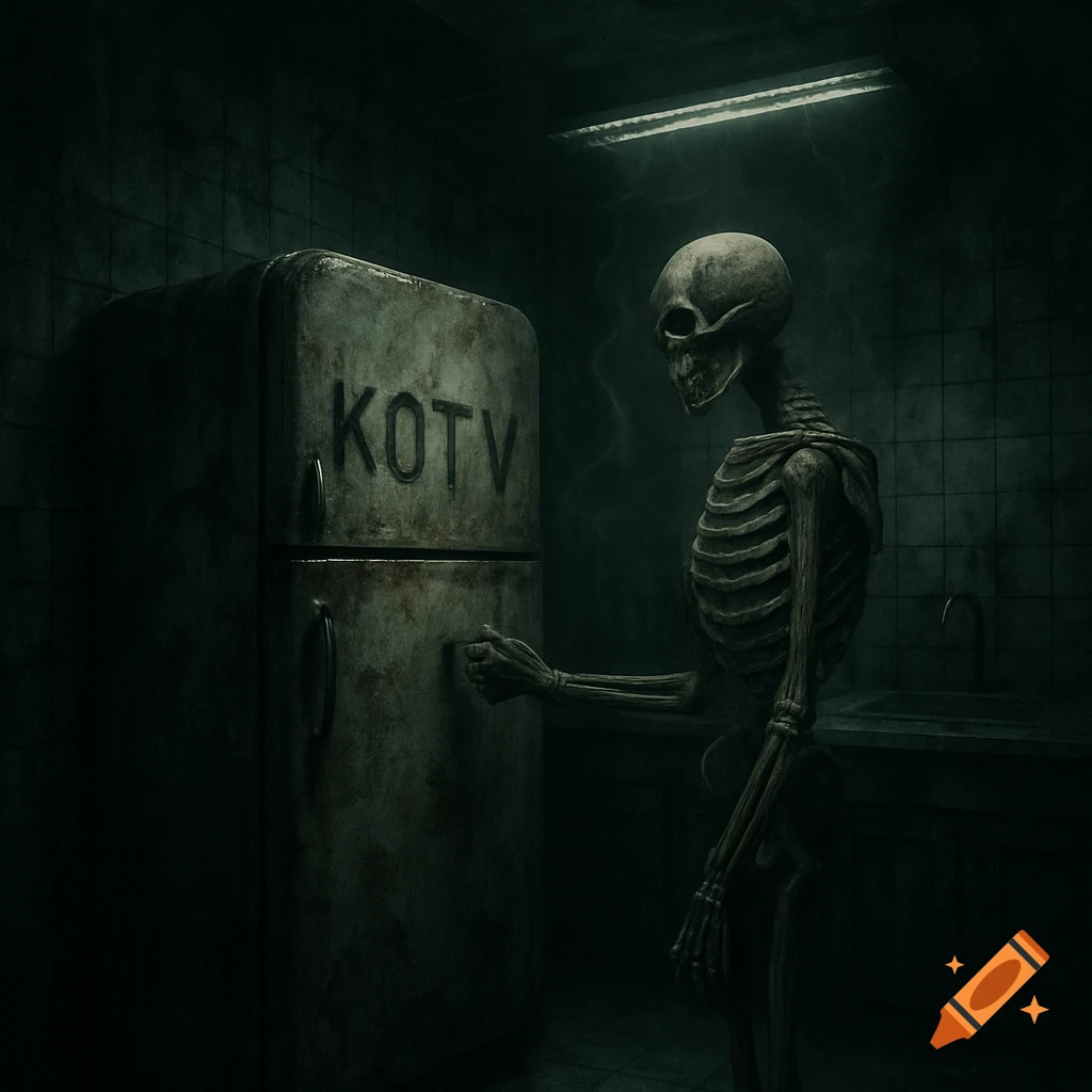 A grim skeleton reaches to open an old, dirty refrigerator with "KOTV" on it, in a dark, spooky kitchen. Photorealistic style.