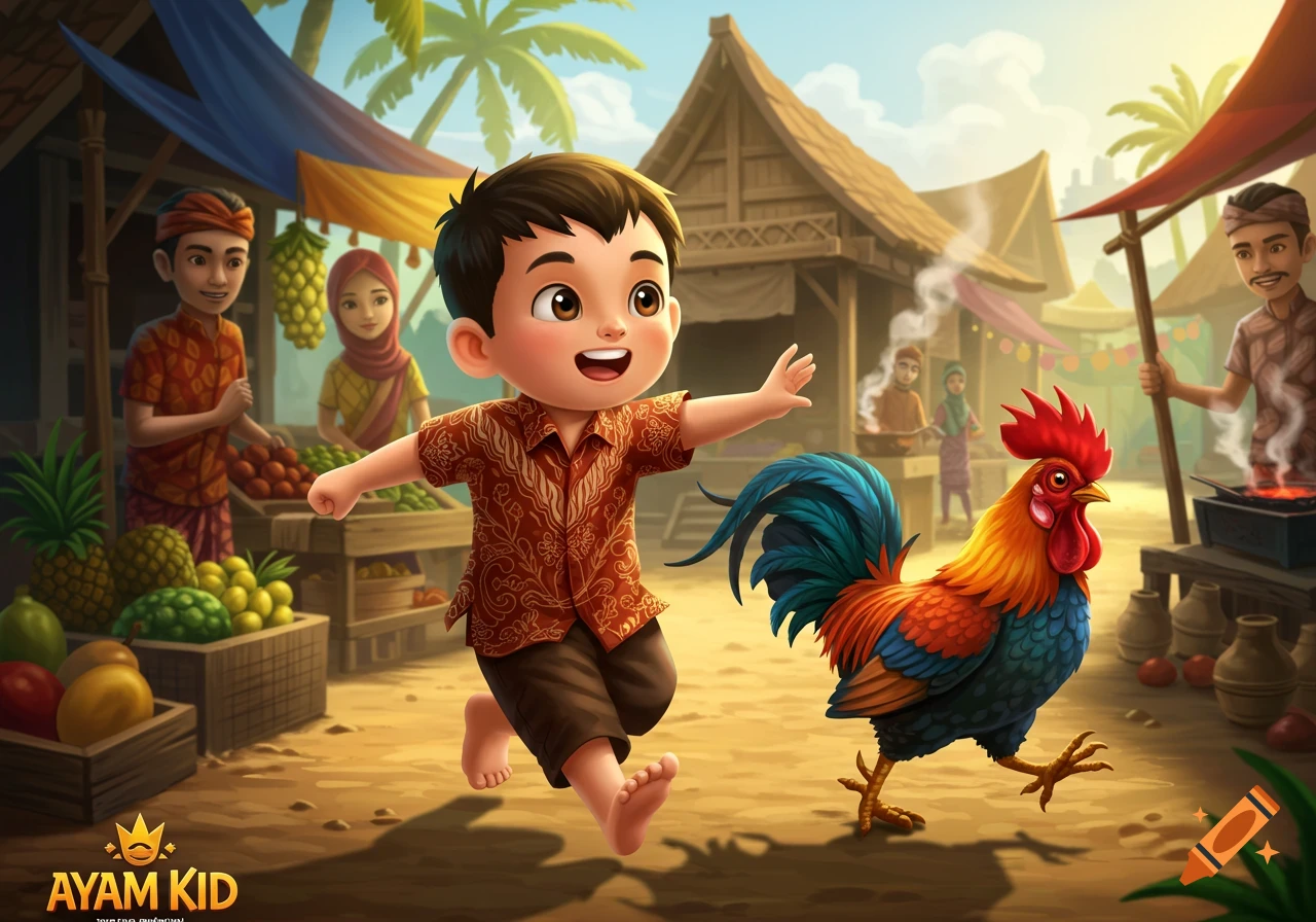 Happy cartoon boy and a colorful rooster run through a lively outdoor market in an illustrated style.