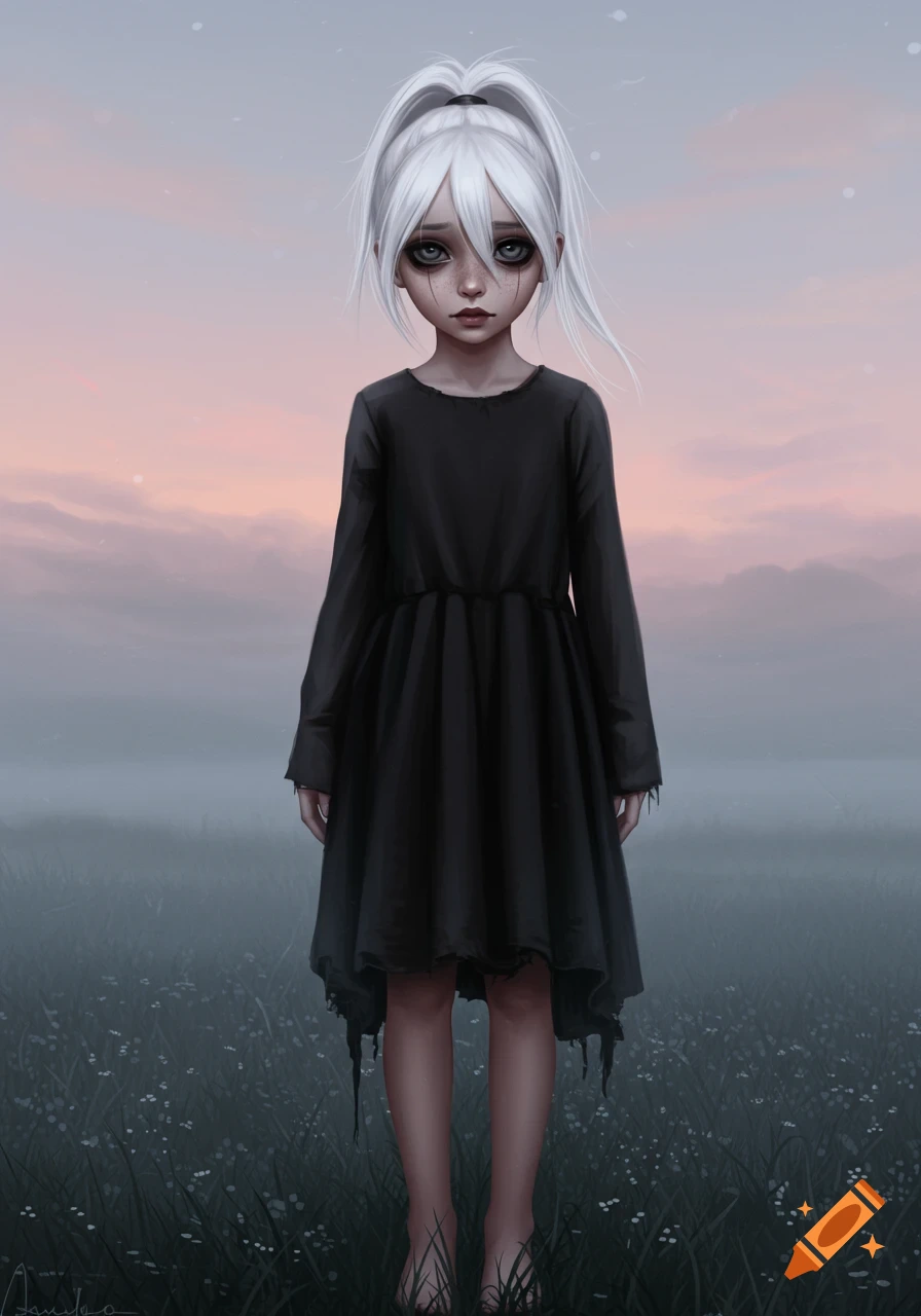 Digital art of a pale girl with white hair in a ponytail, dark eyes, and a black dress standing barefoot in a misty field at dusk.