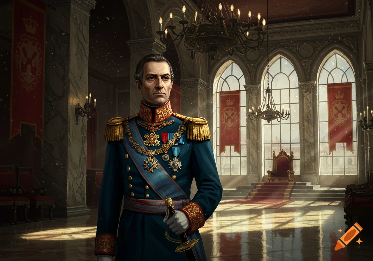 A man in a blue military uniform with gold trim and medals stands in a grand hall with chandeliers and large windows, holding a sword.