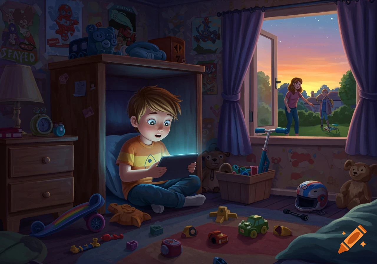 A boy sits in his bedroom at dusk, illuminated by a tablet. Outside the window, a woman and another child play in the yard.