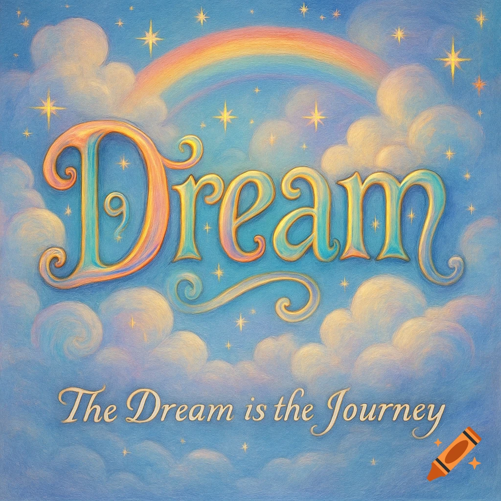 A dreamy, whimsical illustration of the word 'Dream' in colorful script against a blue sky with clouds, stars, and a rainbow. Below, 'The Dream is the Journey'.
