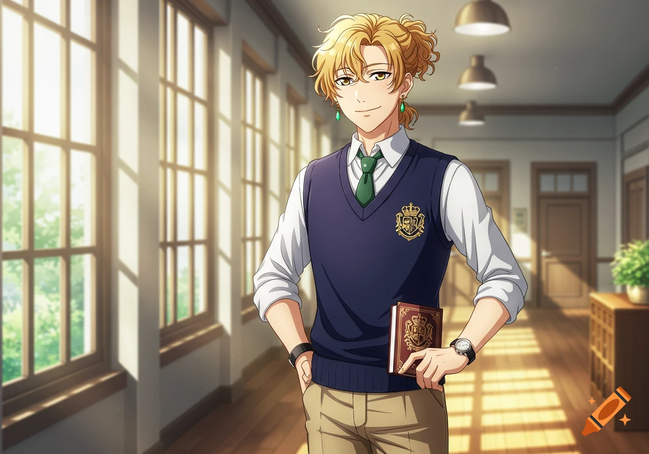 Anime male character with blonde curly hair in a school uniform, holding a book, standing in a sunny school hallway.