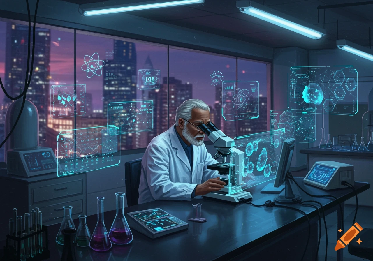 A white-haired scientist in a lab coat looks through a microscope, surrounded by holographic screens displaying data in a futuristic laboratory overlooking a city at dusk.