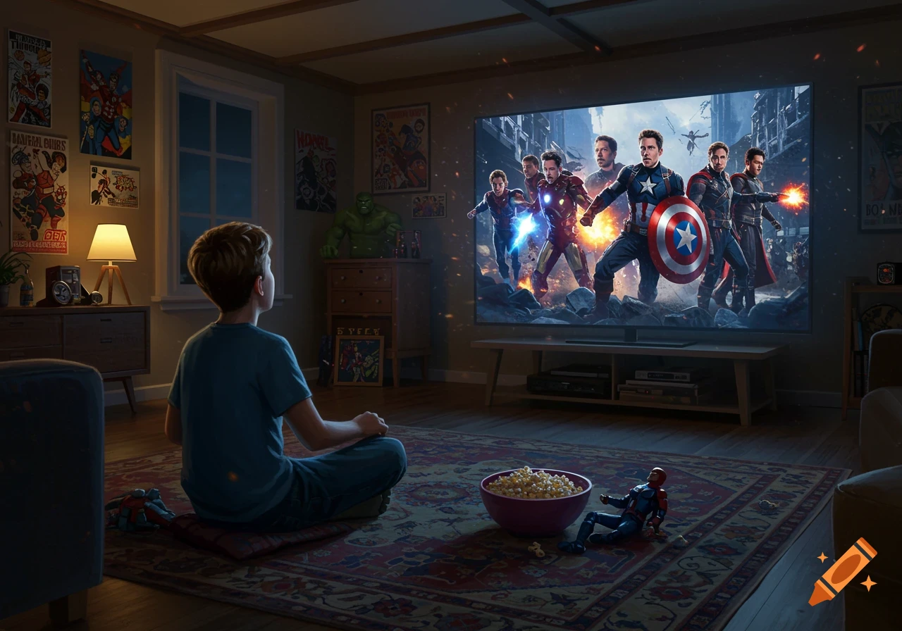 A young boy sits on the floor, cross-legged, watching The Avengers on a large TV in a dimly lit, superhero-themed room. A bowl of popcorn and an action figure are on the rug beside him.