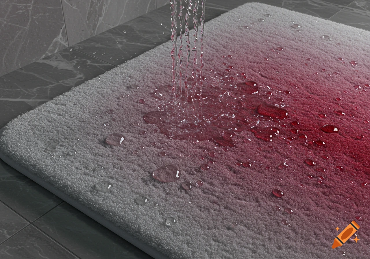 A white bathmat transforming to red as water splashes onto it in a modern bathroom.