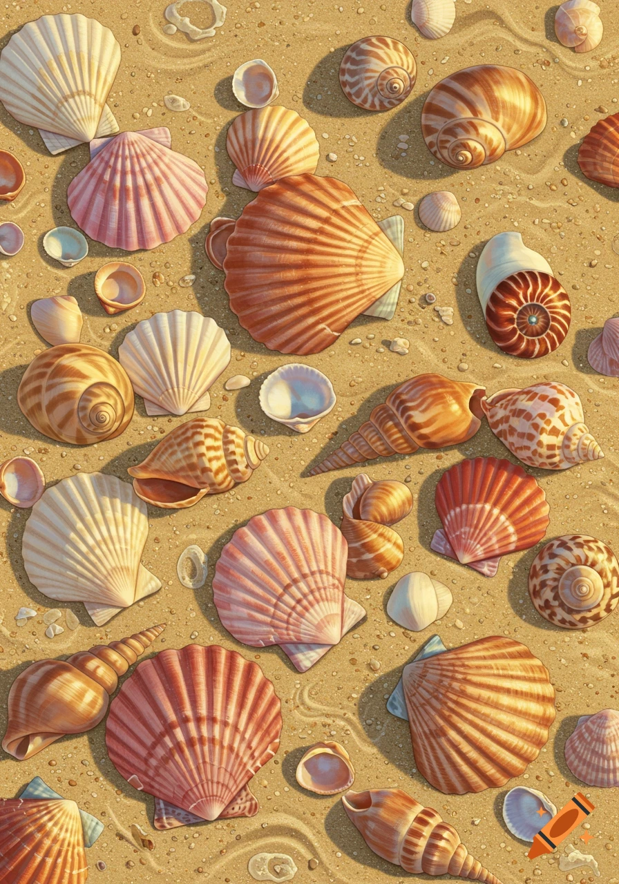 A top-down view of colorful seashells and spiral snail shells scattered on light sandy ground.