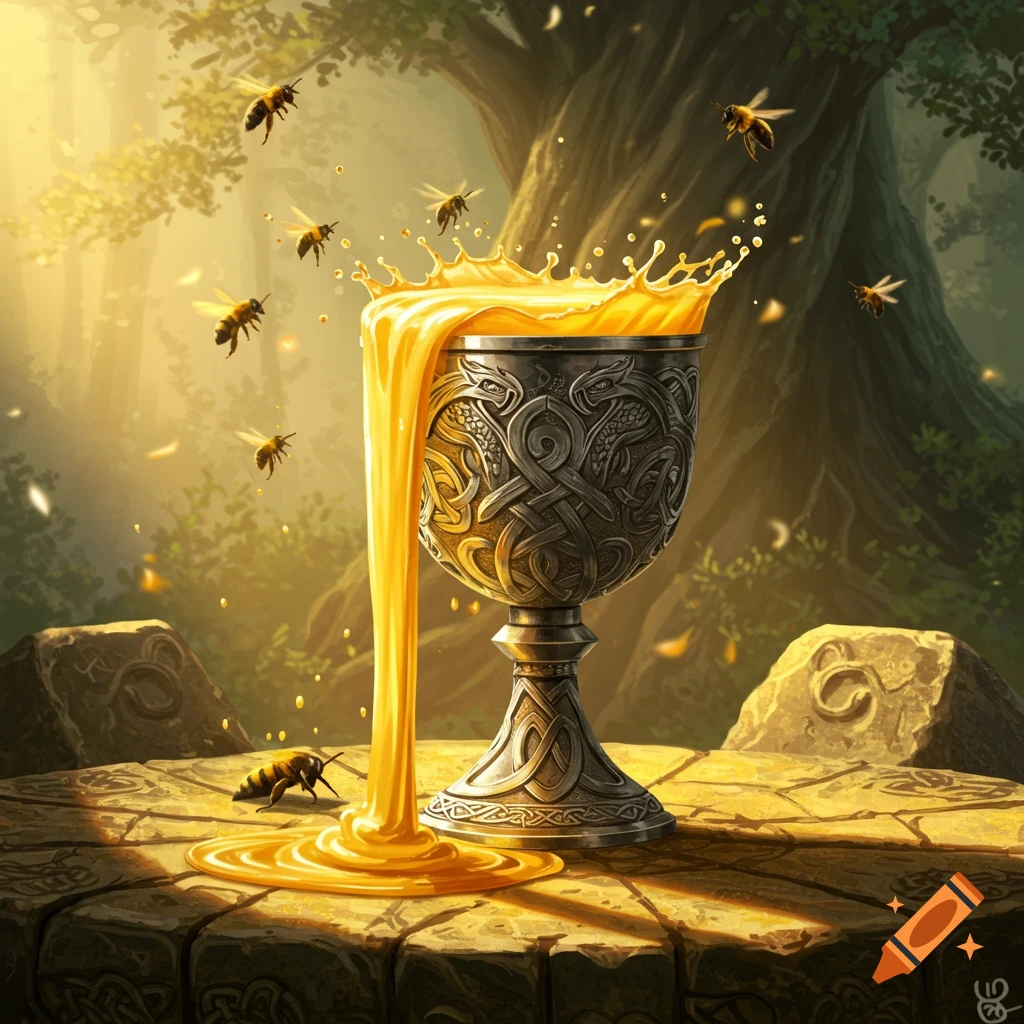 An ornate silver chalice overflows with golden honey onto a stone altar in an enchanted forest, surrounded by flying bees. Fantasy art.