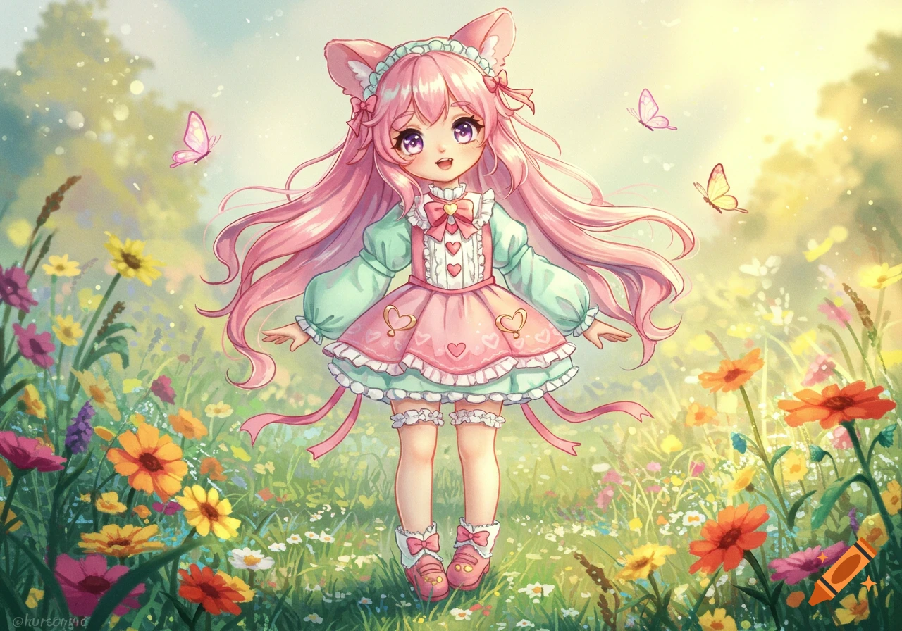 A cute anime girl with long pink hair and cat ears stands smiling in a sunny, flower-filled meadow with butterflies.