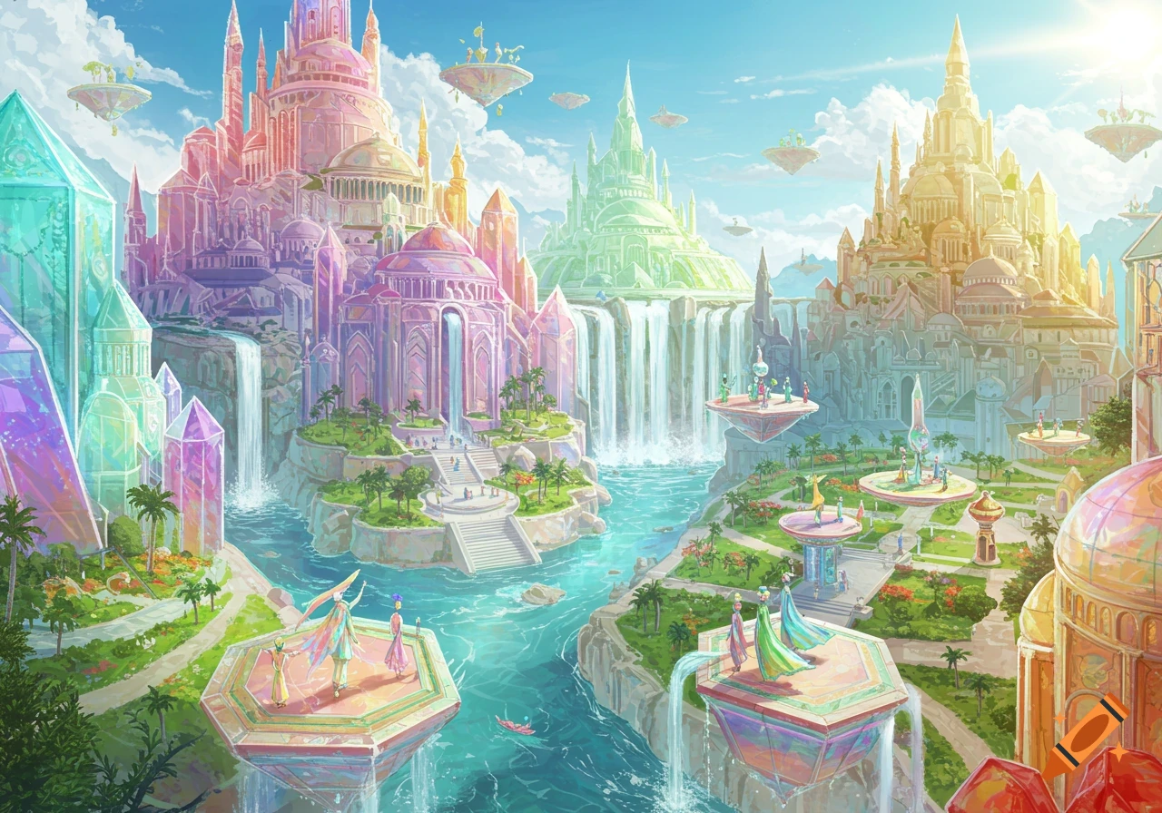 Vibrant fantasy city with colorful crystal castles, waterfalls, and floating islands under a blue sky.