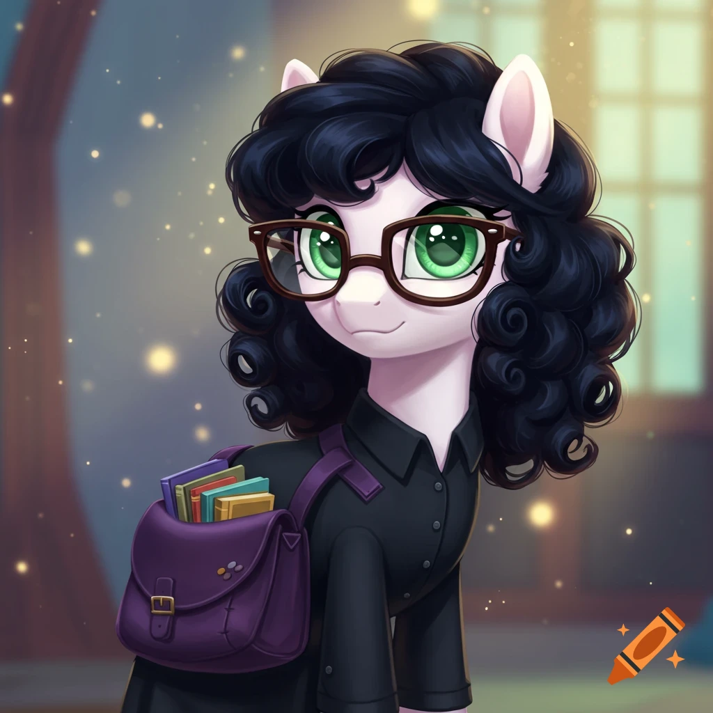 A cartoon pony with black curly hair, glasses, and a purple backpack filled with books, in a My Little Pony style.