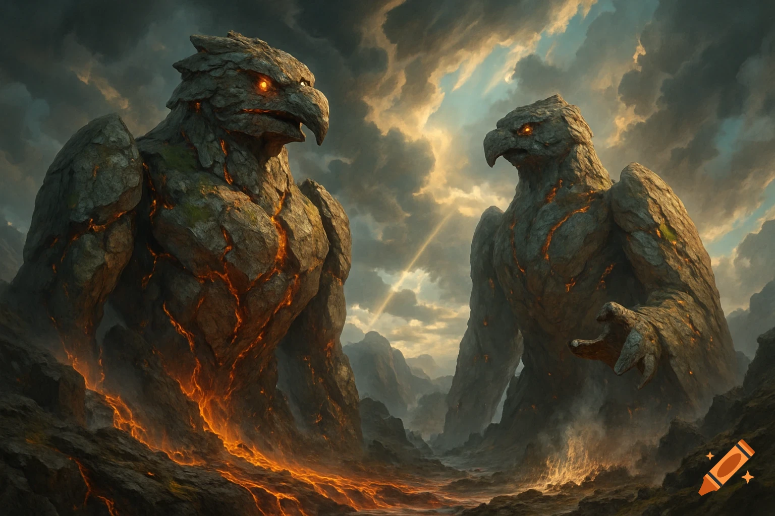 Two colossal rock bird monsters with glowing eyes and lava cracks stand in a volcanic landscape under a dramatic sky.
